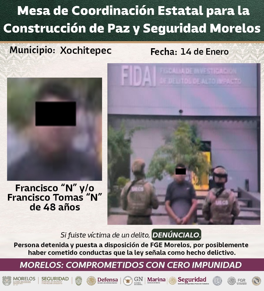 DETIENEN INTEGRANTES DE LA MESA DE COORDINACIÓN ESTATAL PARA LA CONSTRUCCIÓN DE PAZ Y SEGURIDAD A 23 GENERADORES DE VIOLENCIA