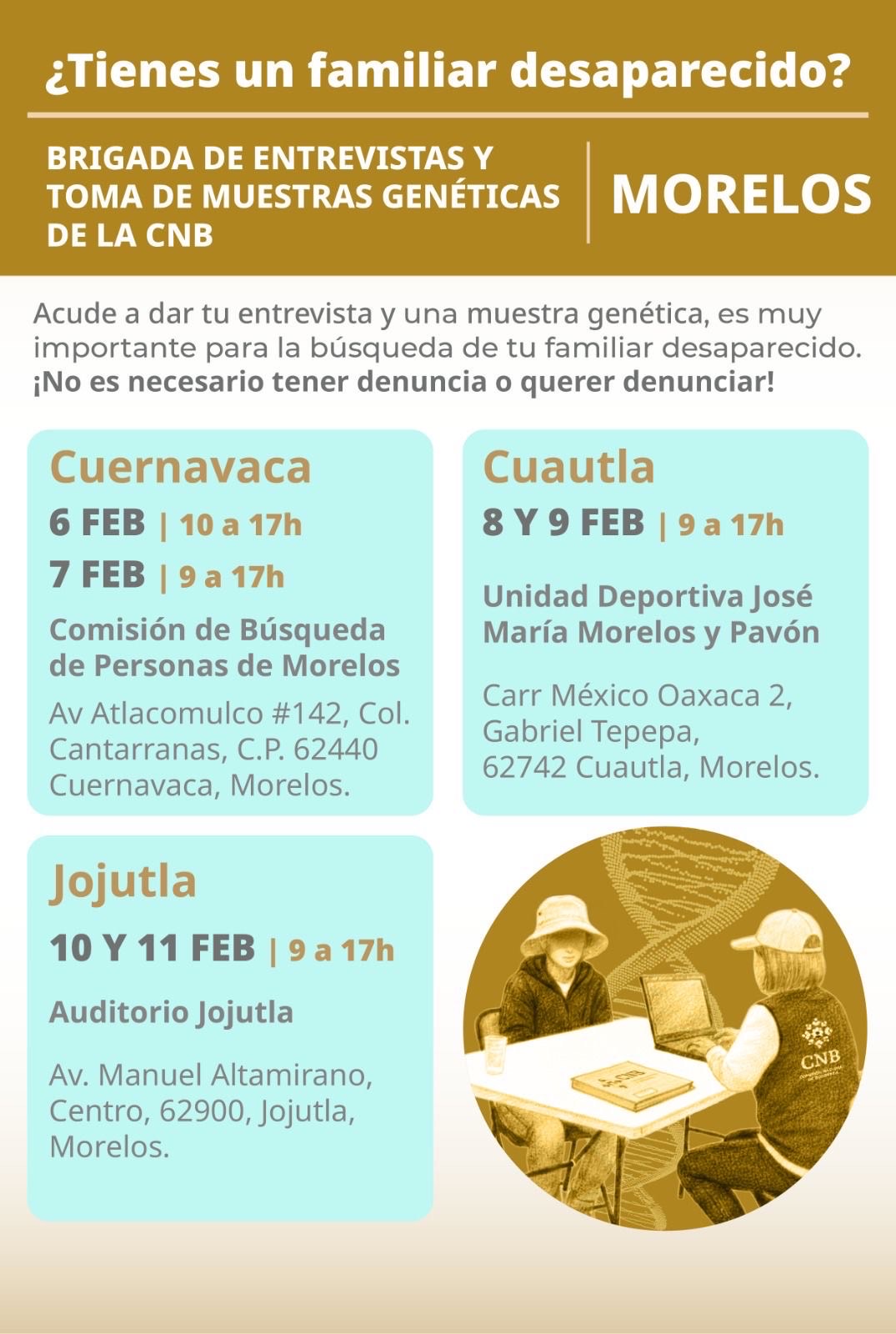 REALIZARÁN COMISIÓN NACIONAL Y ESTATAL DE BÚSQUEDA JORNADAS DE TOMA DE MUESTRAS GENÉTICAS Y ENTREGA DE RESULTADOS EN MORELOS