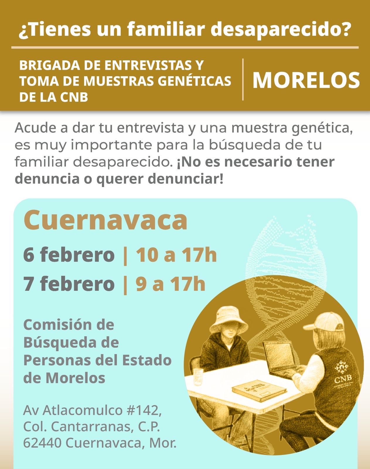REALIZARÁN COMISIÓN NACIONAL Y ESTATAL DE BÚSQUEDA JORNADAS DE TOMA DE MUESTRAS GENÉTICAS Y ENTREGA DE RESULTADOS EN MORELOS