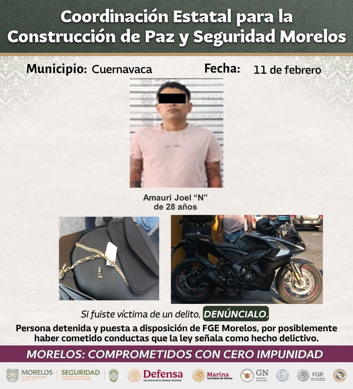 ASEGURAN EN MORELOS A 30 GENERADORES DE VIOLENCIA POR SECUESTRO, EXTORSIÓN, ROBO Y NARCOMENUDEO, ENTRE OTROS DELITOS
