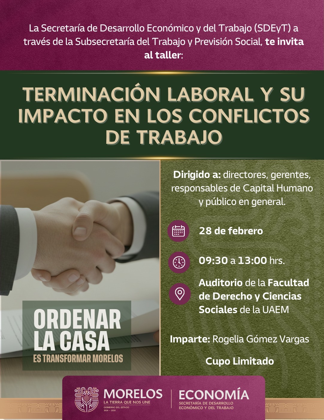 INVITA GOBIERNO DE MORELOS A CAPACITACIÓN SOBRE TERMINACIÓN LABORAL Y PREVENCIÓN DE CONFLICTOS
