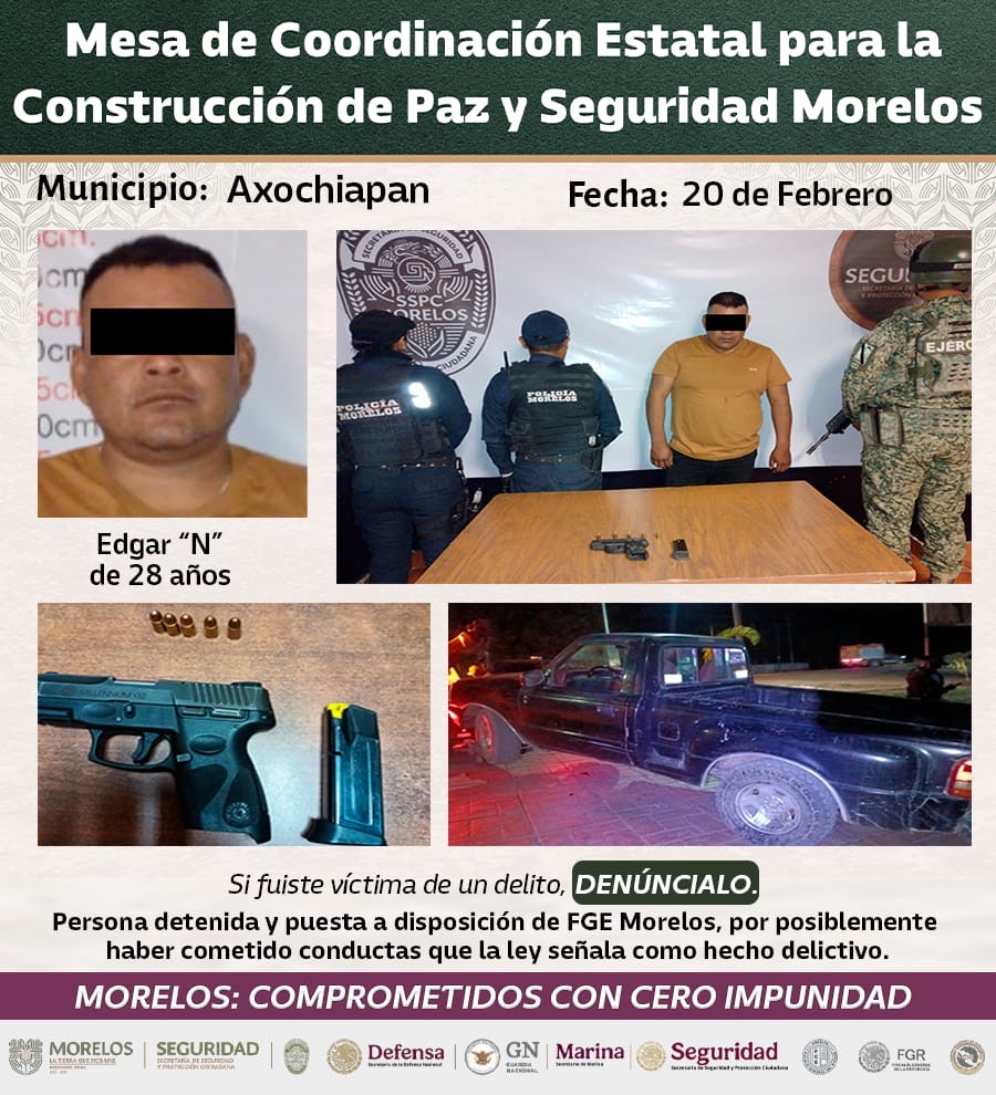 MEDIANTE OPERATIVOS INTERINSTITUCIONALES FUERON ASEGURADOS 28 GENERADORES DE VIOLENCIA EN MORELOS