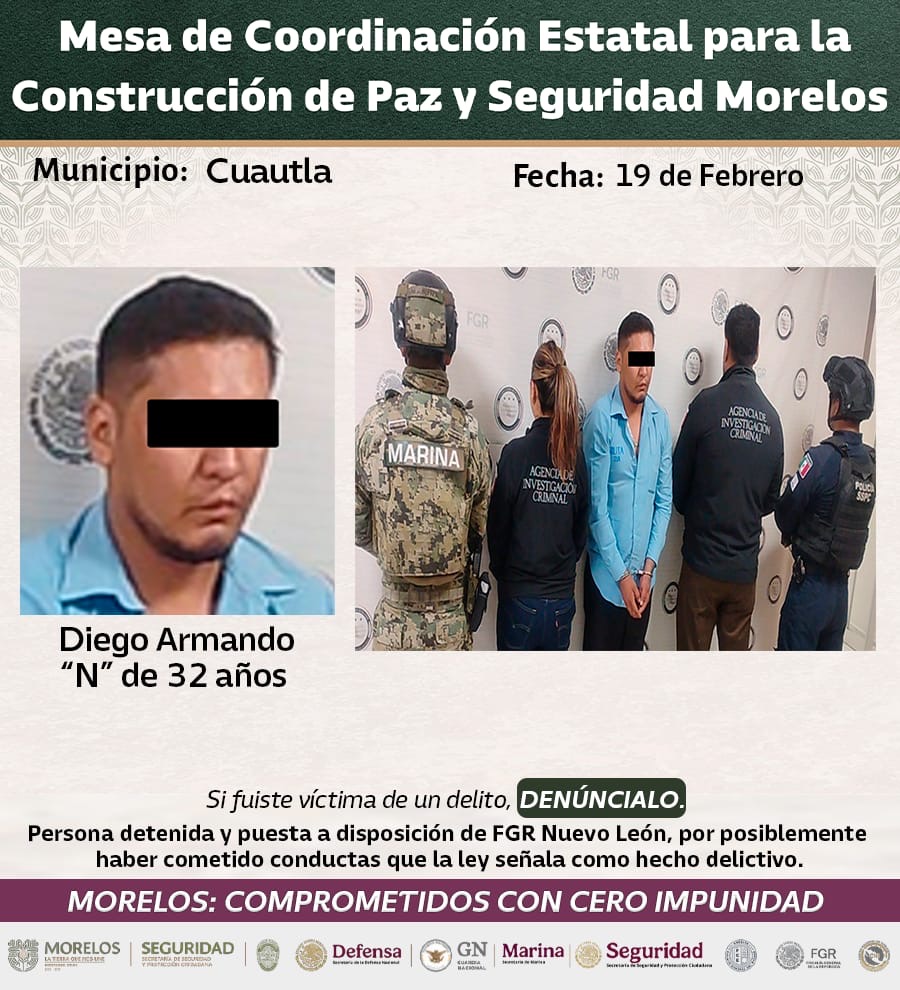 MEDIANTE OPERATIVOS INTERINSTITUCIONALES FUERON ASEGURADOS 28 GENERADORES DE VIOLENCIA EN MORELOS