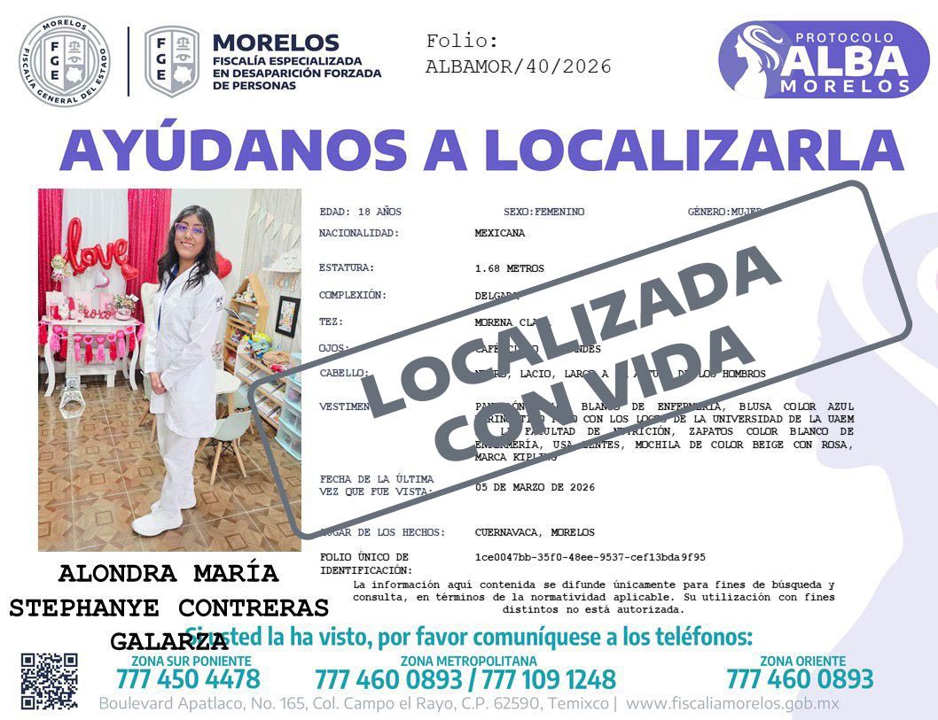 Localización con vida de Alondra Stephanye Contreras Galarza genera alivio en la comunidad universitaria de Morelos