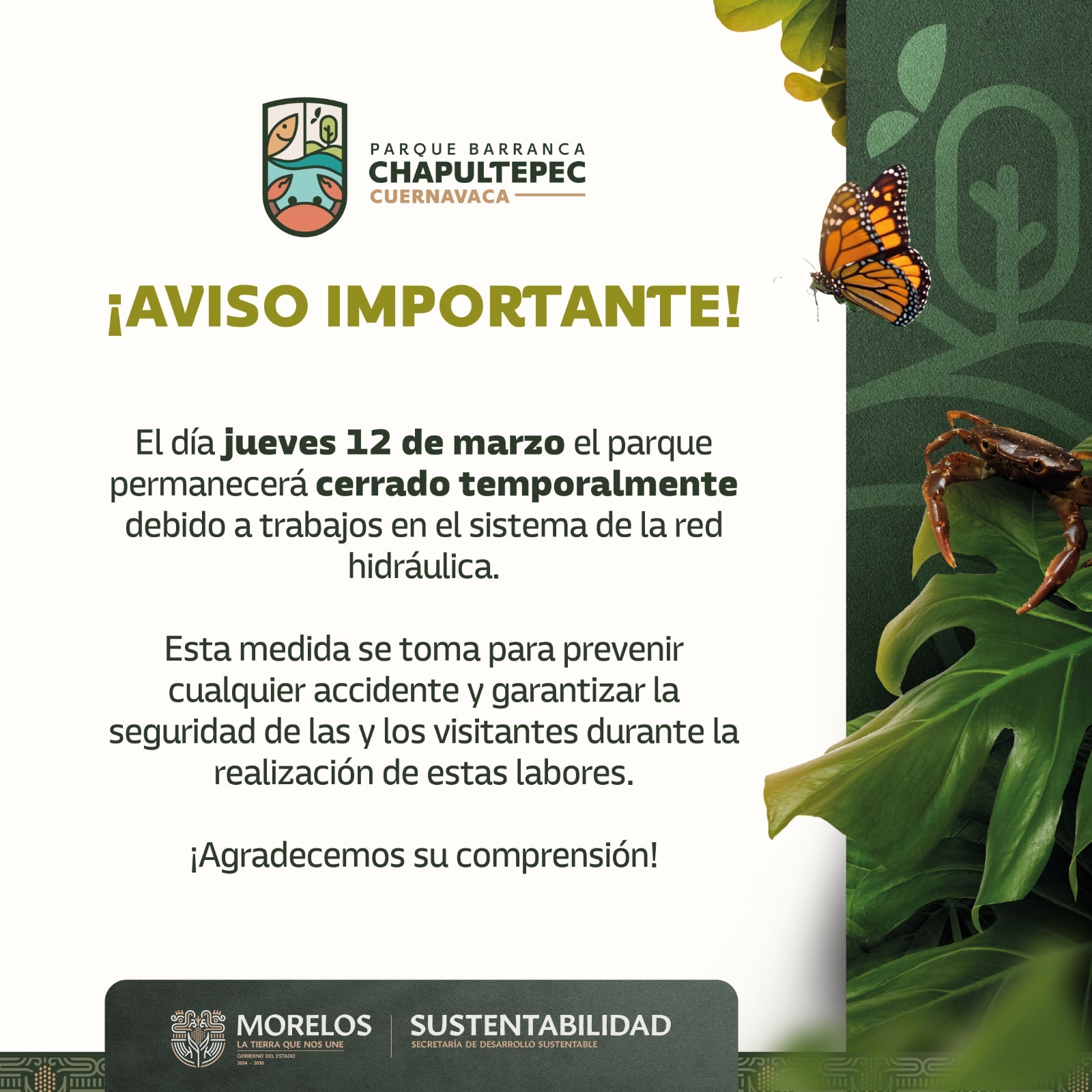 POR LABORES DE MEJORA EN LA RED HIDRÁULICA, ANUNCIA SDS CIERRE TEMPORAL DEL PARQUE BARRANCA DE CHAPULTEPEC