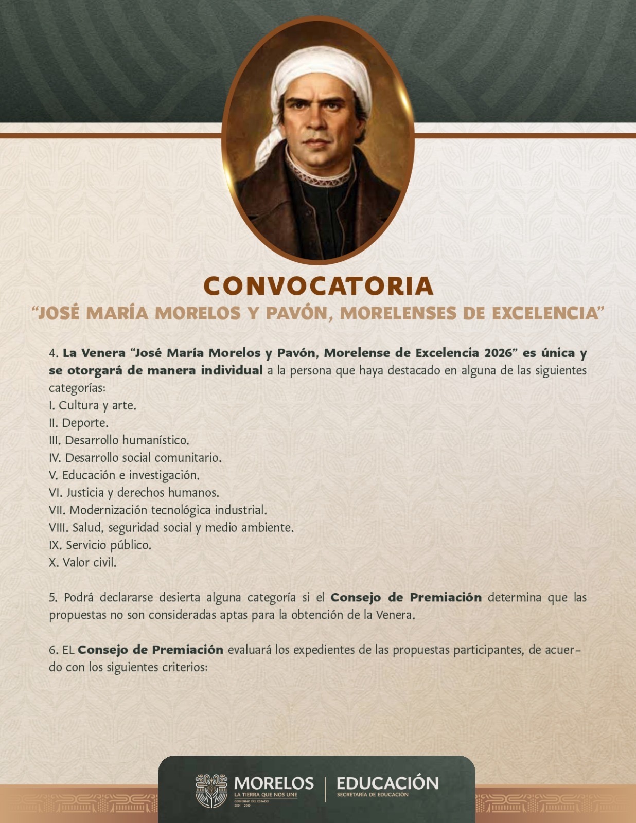 INVITA PODER EJECUTIVO A PARTICIPAR EN LA CONVOCATORIA “JOSÉ MARÍA MORELOS Y PAVÓN, MORELENSES DE EXCELENCIA”