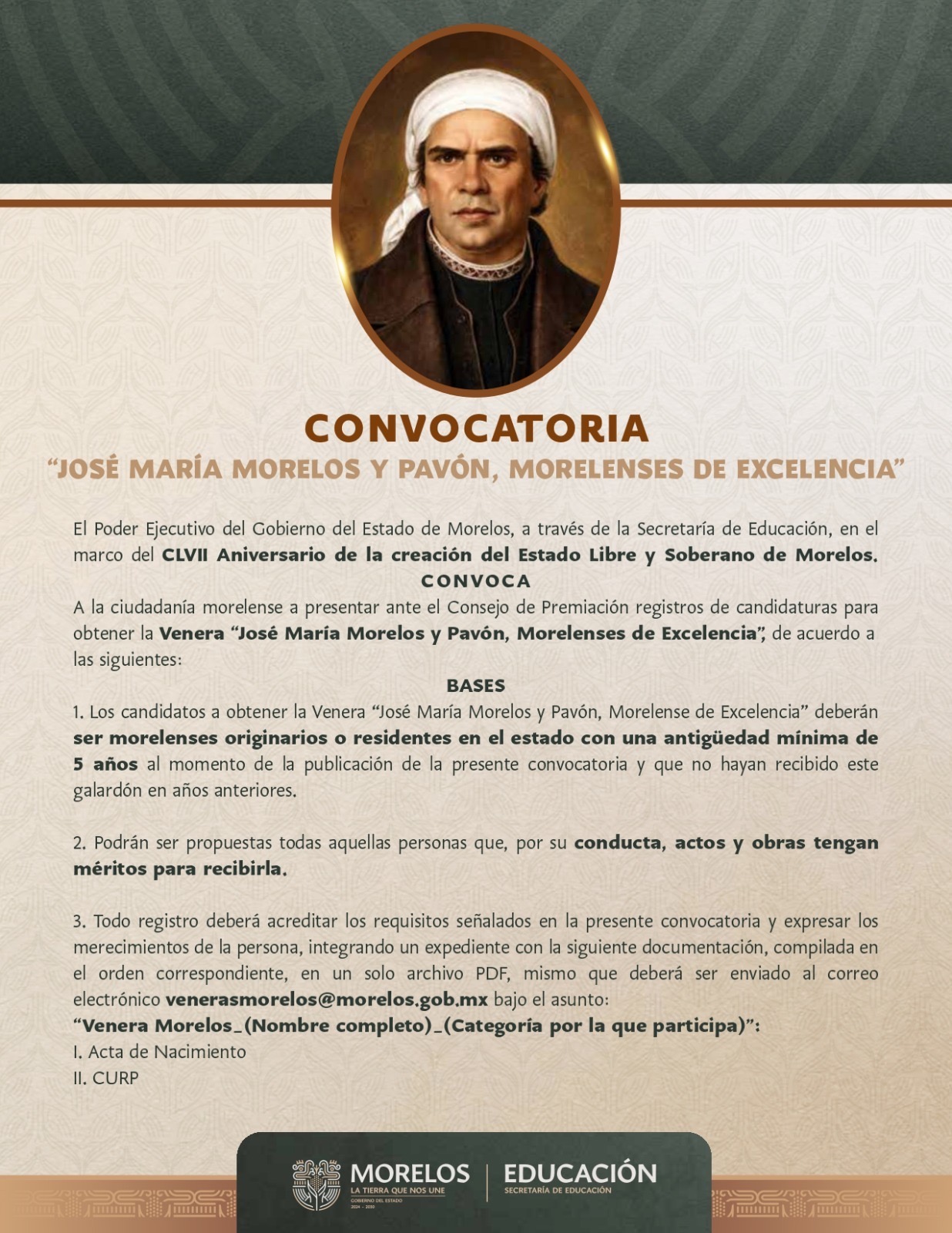 INVITA PODER EJECUTIVO A PARTICIPAR EN LA CONVOCATORIA “JOSÉ MARÍA MORELOS Y PAVÓN, MORELENSES DE EXCELENCIA”