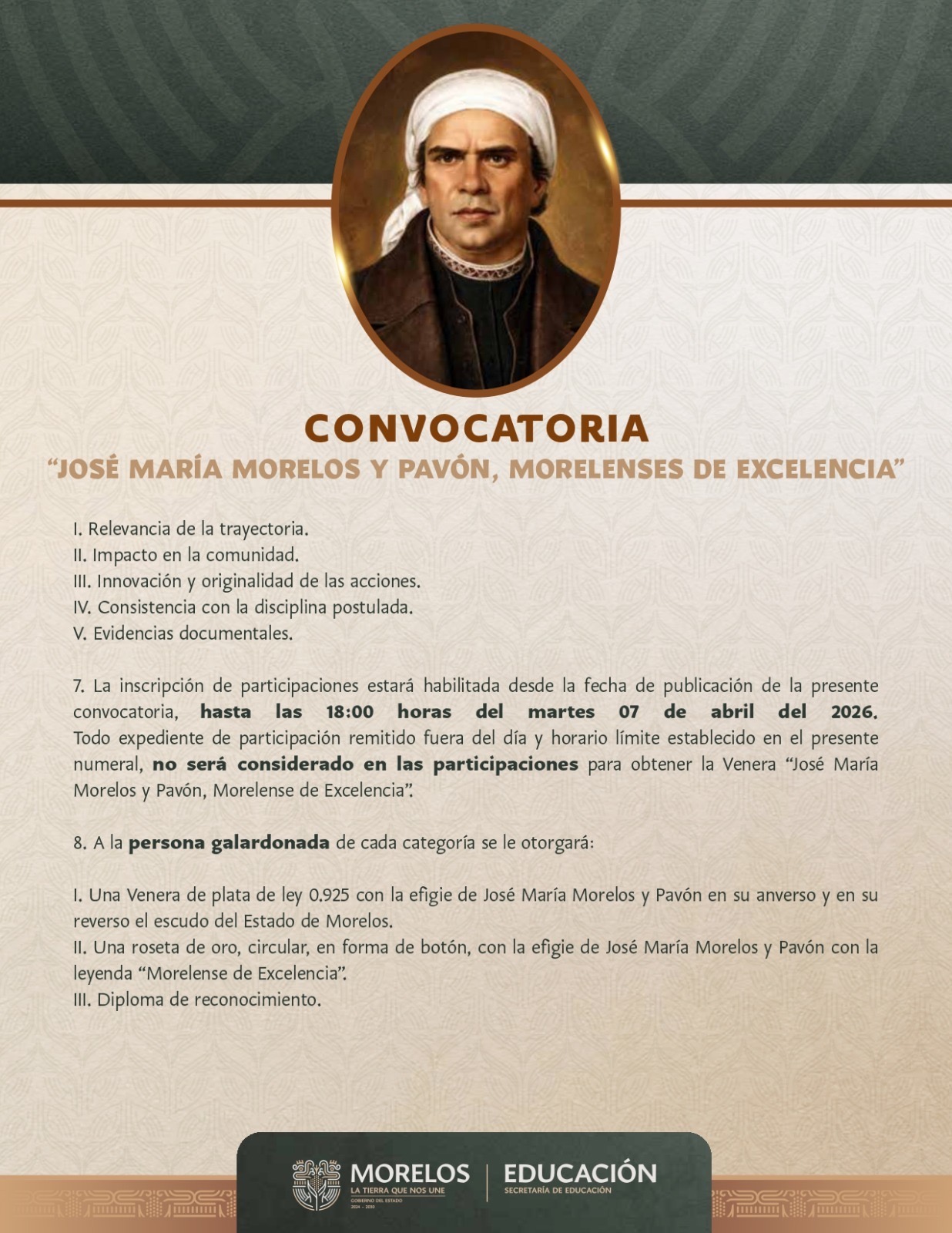 INVITA PODER EJECUTIVO A PARTICIPAR EN LA CONVOCATORIA “JOSÉ MARÍA MORELOS Y PAVÓN, MORELENSES DE EXCELENCIA”