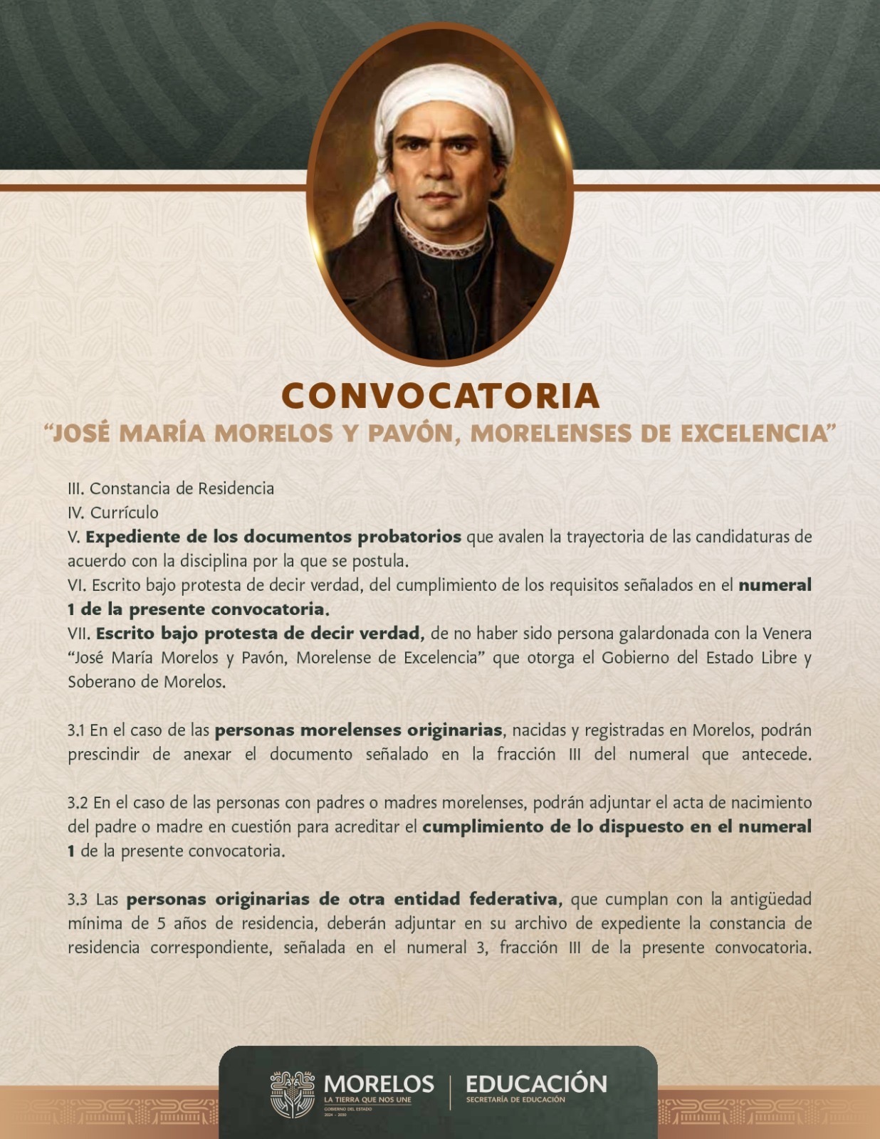 INVITA PODER EJECUTIVO A PARTICIPAR EN LA CONVOCATORIA “JOSÉ MARÍA MORELOS Y PAVÓN, MORELENSES DE EXCELENCIA”