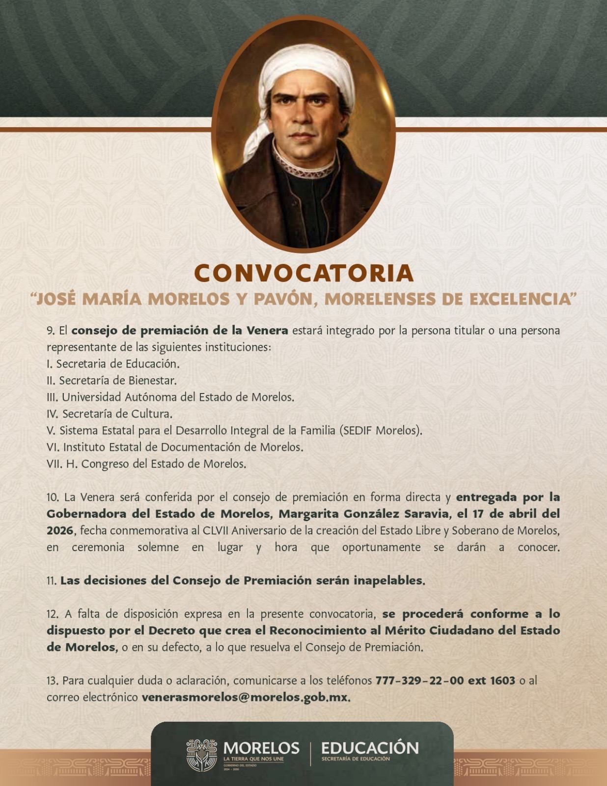 INVITA PODER EJECUTIVO A PARTICIPAR EN LA CONVOCATORIA “JOSÉ MARÍA MORELOS Y PAVÓN, MORELENSES DE EXCELENCIA”