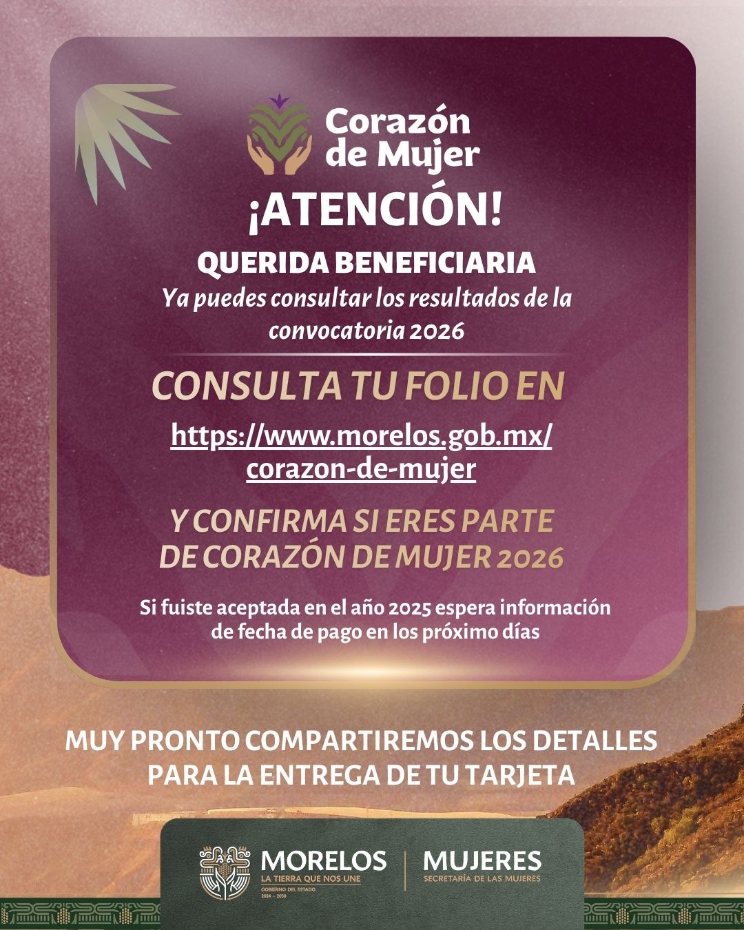 DISPONIBLES RESULTADOS DE INCORPORACIÓN AL PROGRAMA CORAZÓN DE MUJER 2026