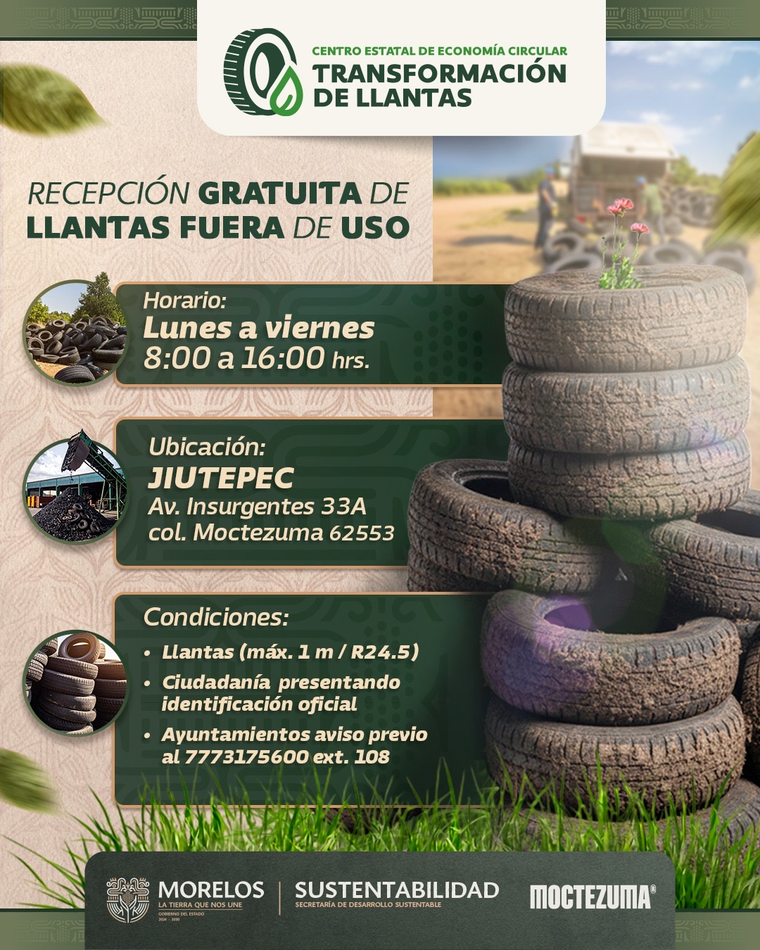 INVITA GOBIERNO DE MORELOS A LLEVAR LLANTAS EN DESUSO AL CENTRO ESTATAL DE ECONOMÍA CIRCULAR