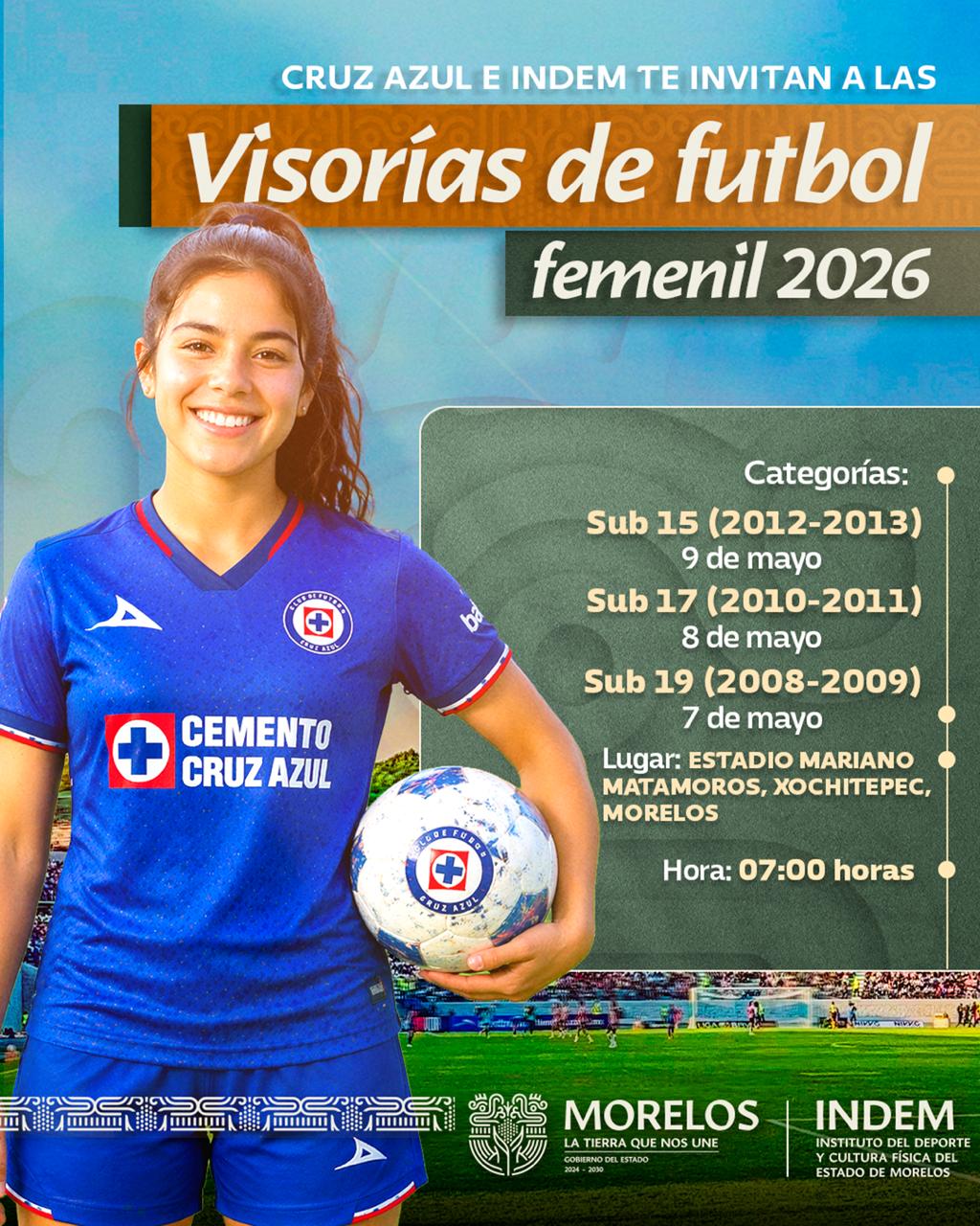 CONVOCA INDEM A JÓVENES MORELENSES A PARTICIPAR EN LAS VISORÍAS DEL CRUZ AZUL FEMENIL