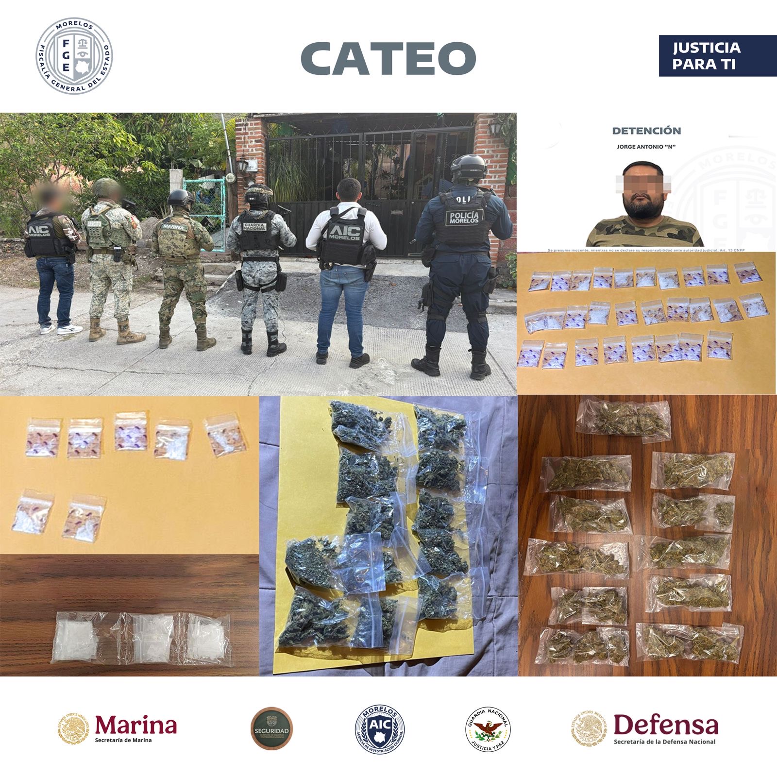AIC CATEA DOS VIVIENDAS EN TLALTIZAPÁN Y ASEGURA A MASCULINO POR DELITOS CONTRA LA SALUD
