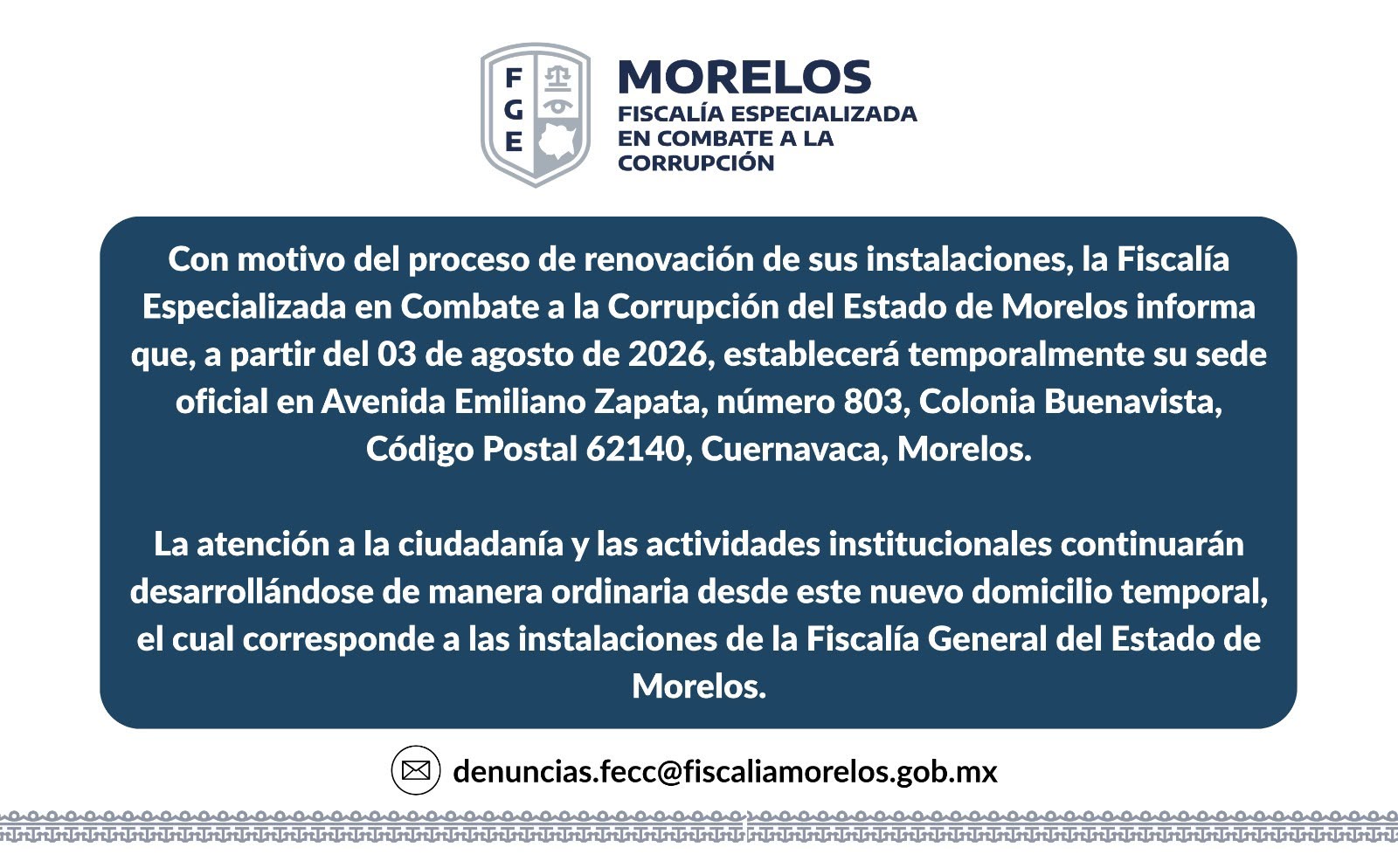 FECC TRASLADARÁ TEMPORALMENTE SU SEDE A LAS INSTALACIONES DE LA FISCALÍA GENERAL EN CUERNAVACA