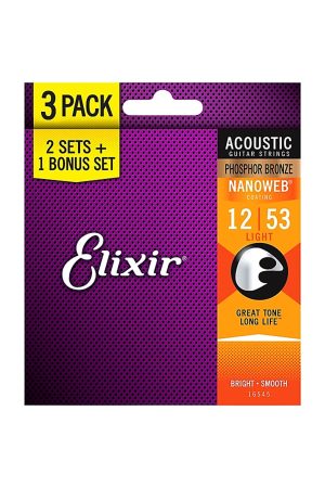 Elixir 16052 Acoustic Nanoweb Light 12-53 Phosphor Bronze 3 Pack
