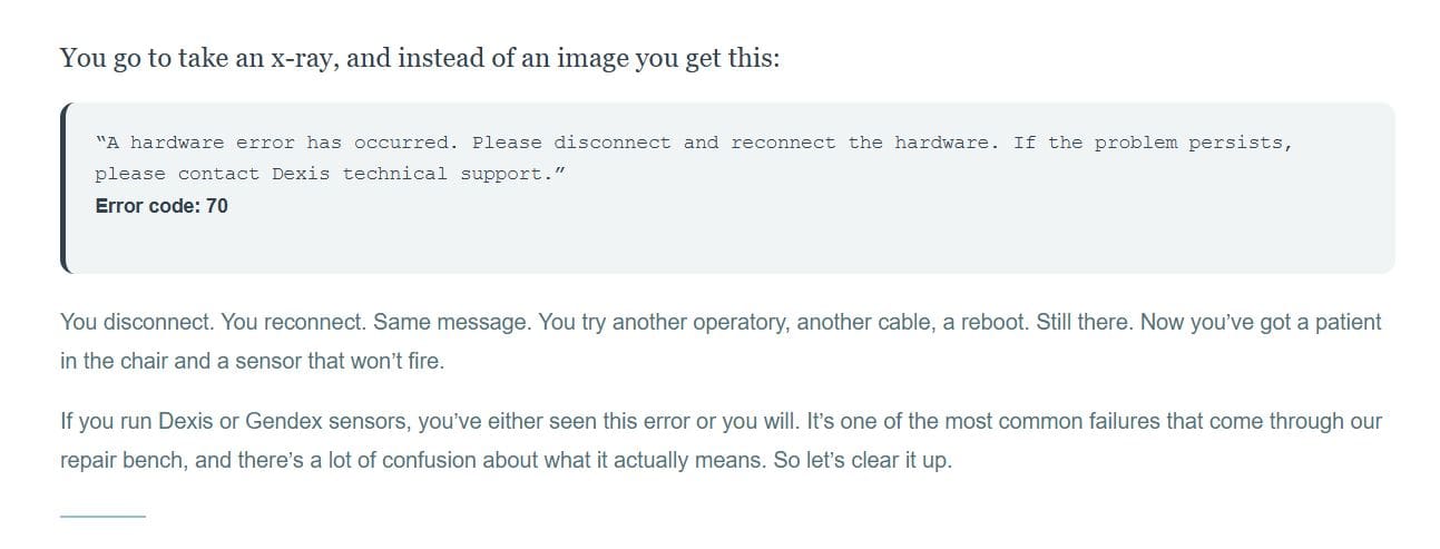 Dexis Hardware Error Code 70 popup message