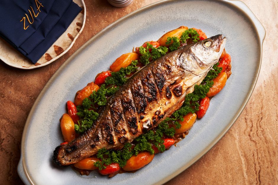 Whole Grilled Branzino at Thalassa Menlo Park — butterflied Mediterranean sea bass over olive-wood coals
