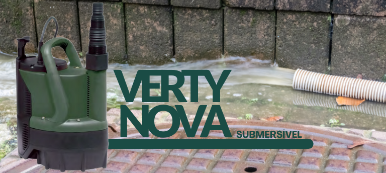 Image in the background of a hose draining liquid near a manhole cover, in front the image of the motor pump with the phrase VERTY NOVA SUBMERSIBLE.