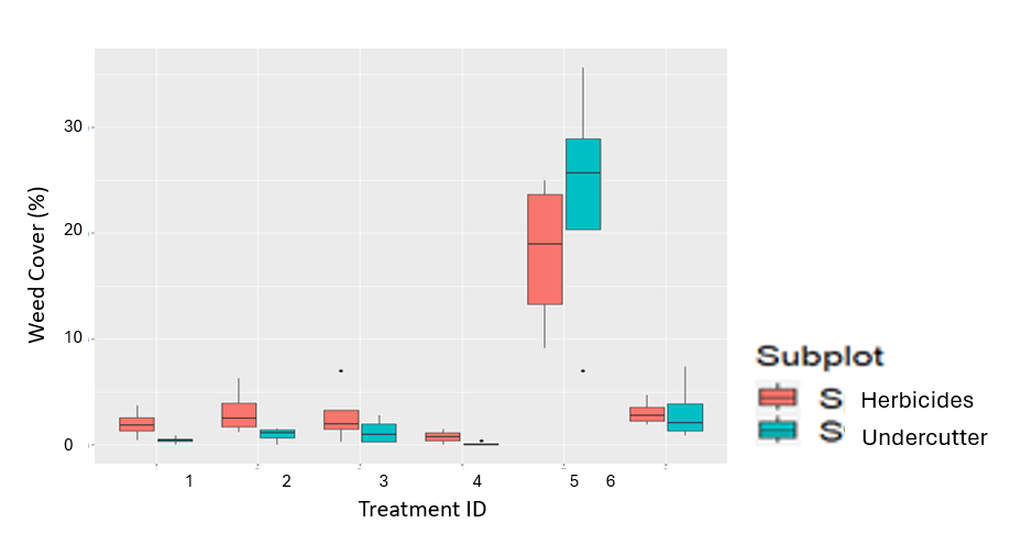 Chart of coverage of total weeds per fallow treatment and subplot in the winter wheat crop evaluated in April 2023 in Adams, OR.