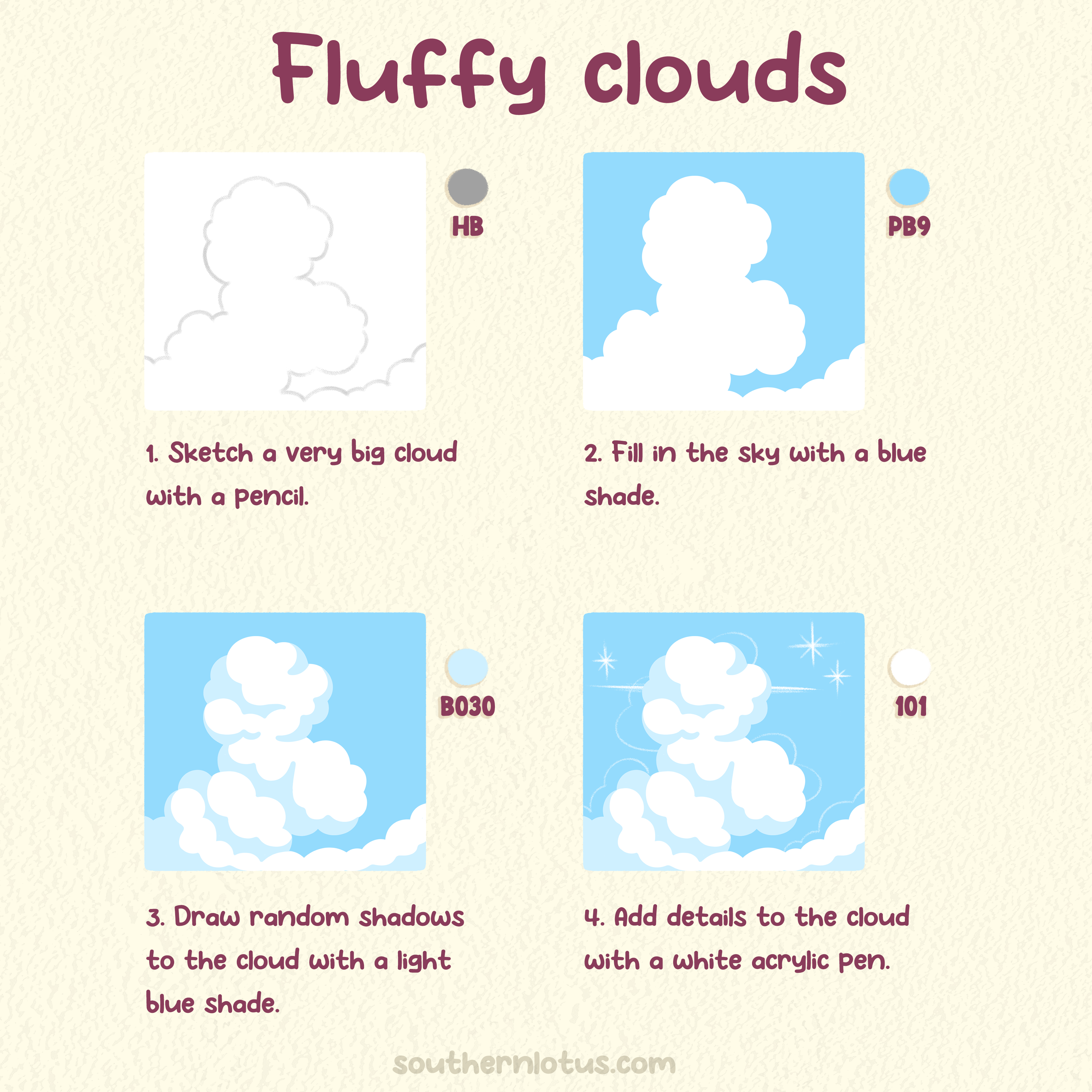 Southern Lotus tutorial: fluffy clouds on bright blue sky