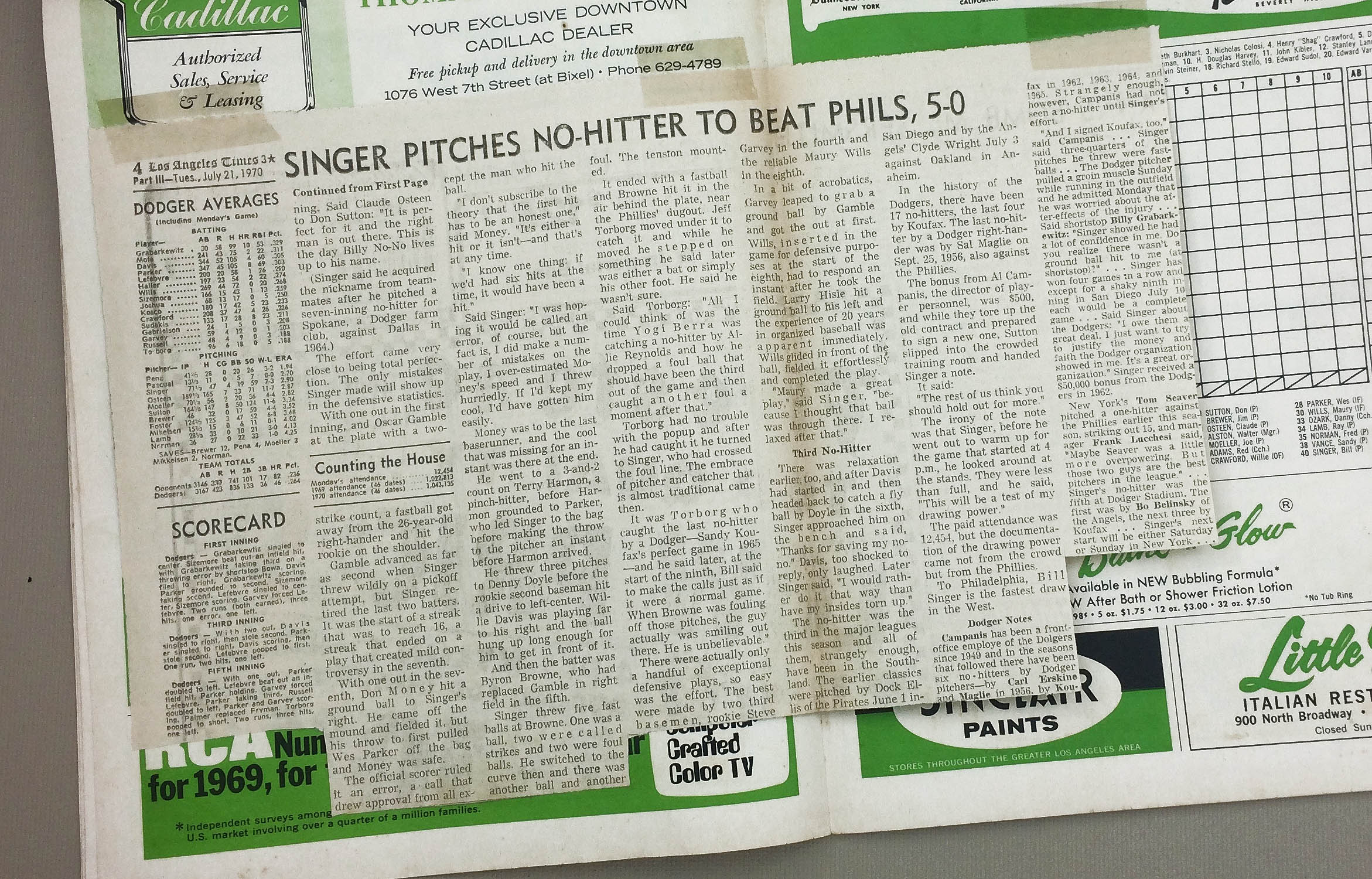 Dodgers 1970 scorecard Bill Singer No-Hitter