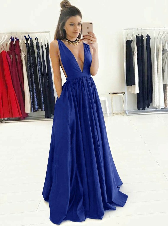 blue flowy prom dress