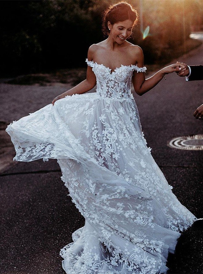 off the shoulder applique wedding dress