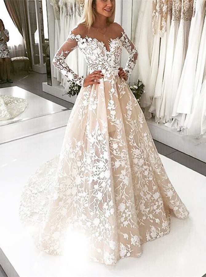 a line long sleeve lace wedding dress