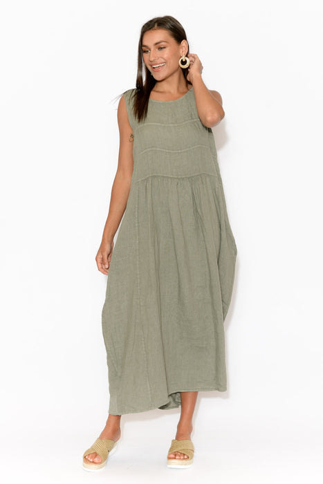 Bella Khaki Linen Pocket Dress – Blue 