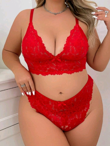 Coordinado de encaje con lazo curvy323XL
