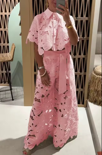Set de 2 piezas top y pantaloneta tela de encaje 2 colores verde y Rosa talla SML