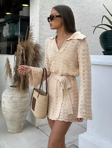 Vestido corto manga larga beige talla SML