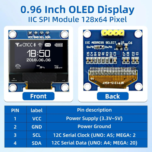 Pantalla OLED 0.96” SSD1306 | I2C / SPI | 128×64 | Arduino