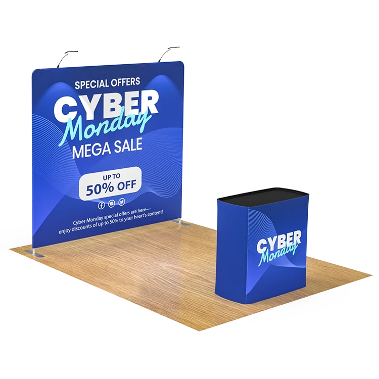 8ft straight tension fabric trade show display booth with 2 LED lights and printed podium