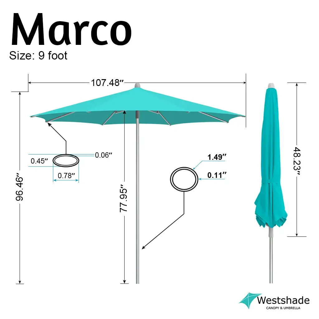 9Ft push up patio umbrella size specification