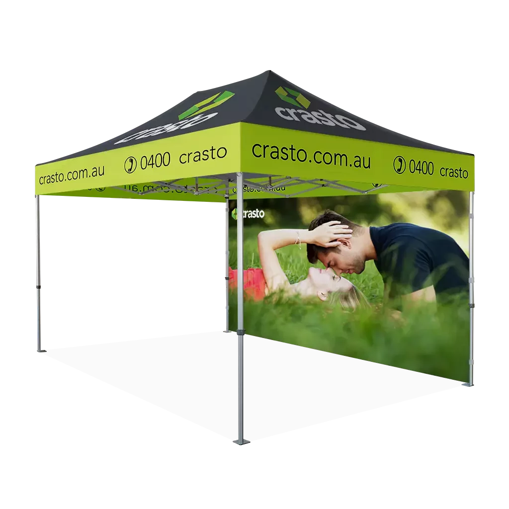 Custom Printing Tent Package – 09 has print full roof (four valances + four peaks) and one full wall (one side only). Customers have choices of various sizes, printing methods in either dye sublimation printing for Y5/Y6/Y7 or uv printing for Y6/Y7 based on the business need and budgets