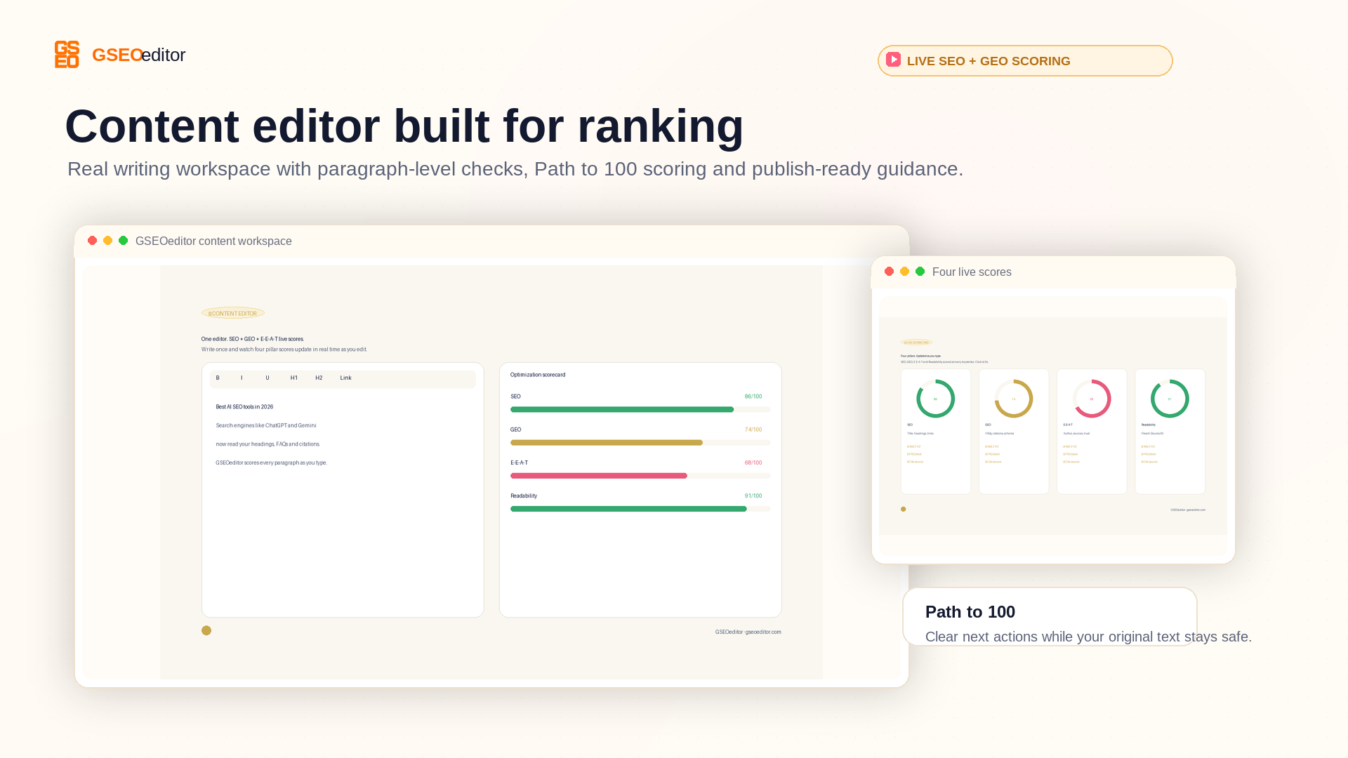 Real-time optimization scorecard reaching 91/100 before publishing.