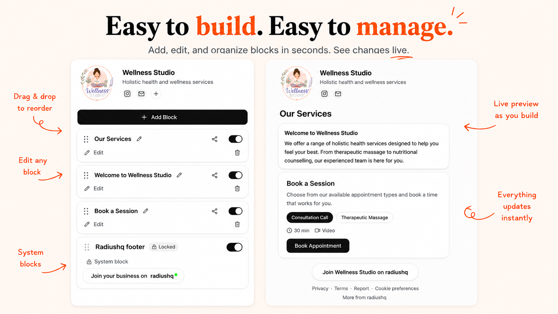 A split-screen interface showcasing a page builder on the left and a live website preview on the right. The design demonstrates drag-and-drop editing, content blocks, and real-time updates, emphasizing how users can easily build and manage their booking p thumbnail
