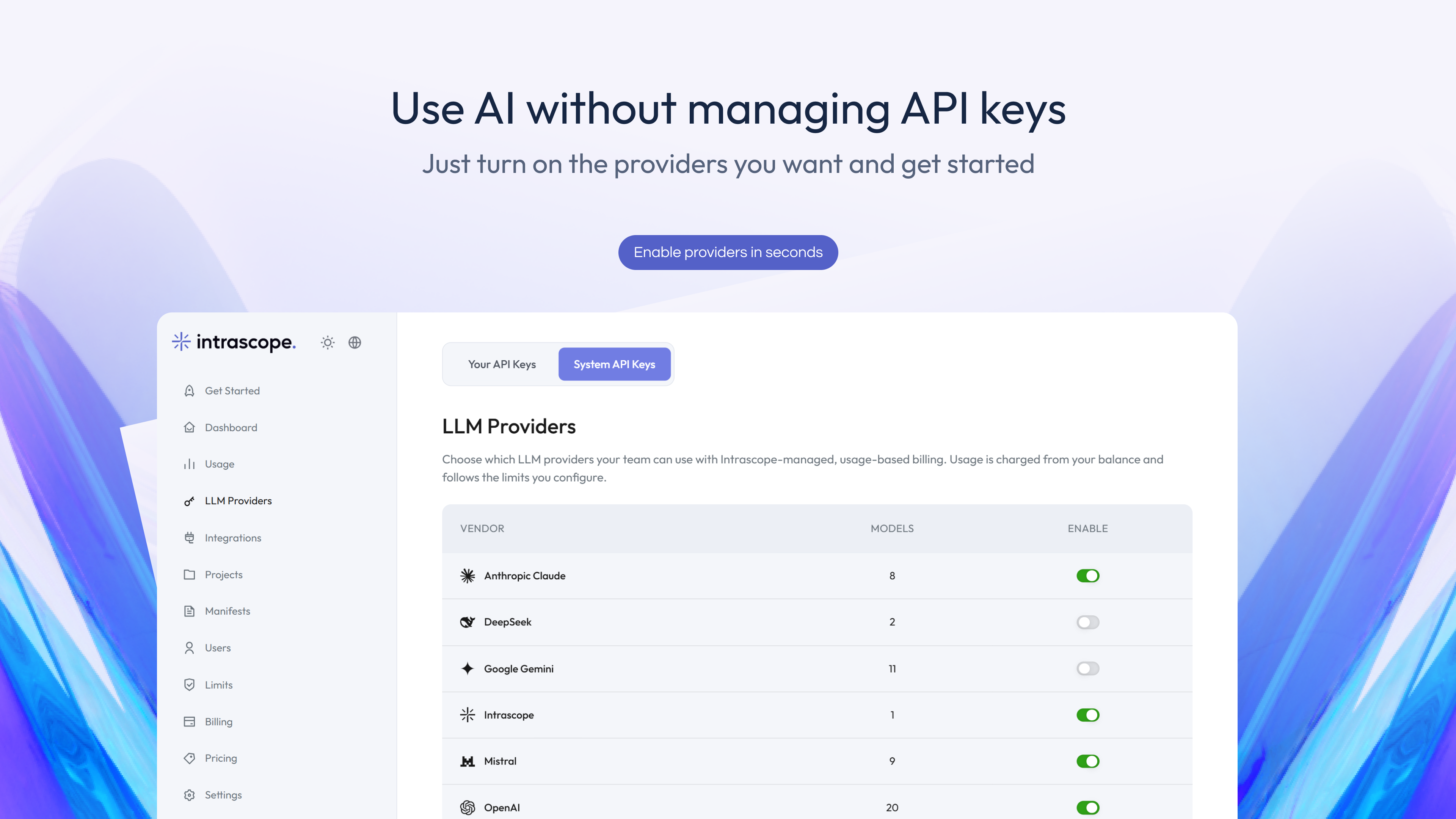 Intrascope settings screen showing managed AI provider access without requiring users to add API keys. thumbnail