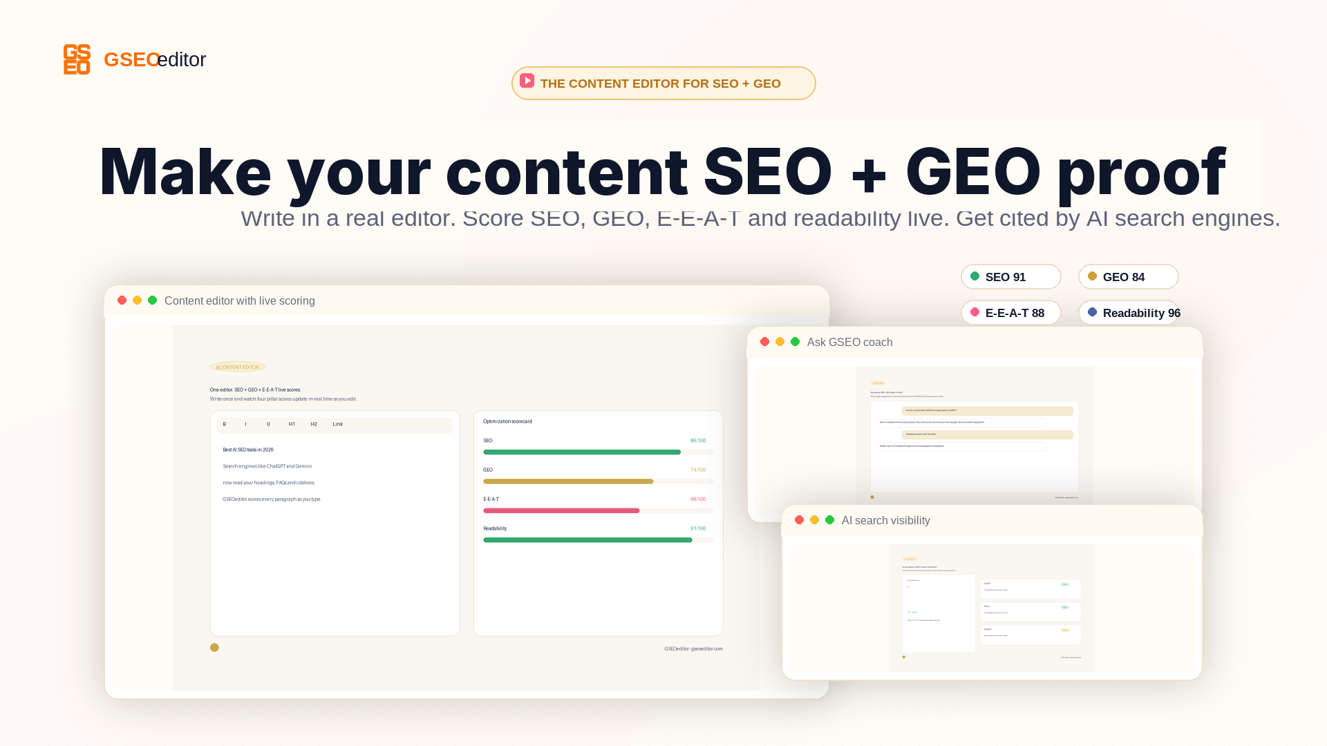 Ask GSEO, the in-app AI coach giving page-level SEO and GEO suggestions.
