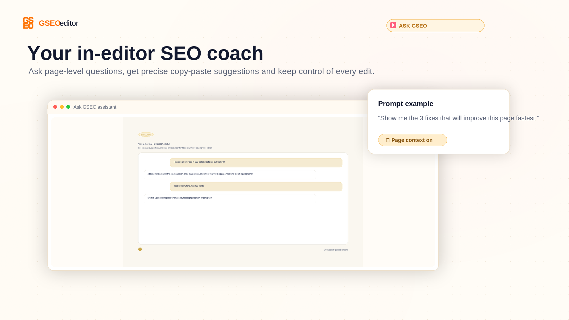 GSEOeditor content editor showing live SEO, GEO and E-E-A-T scoring while you write. thumbnail