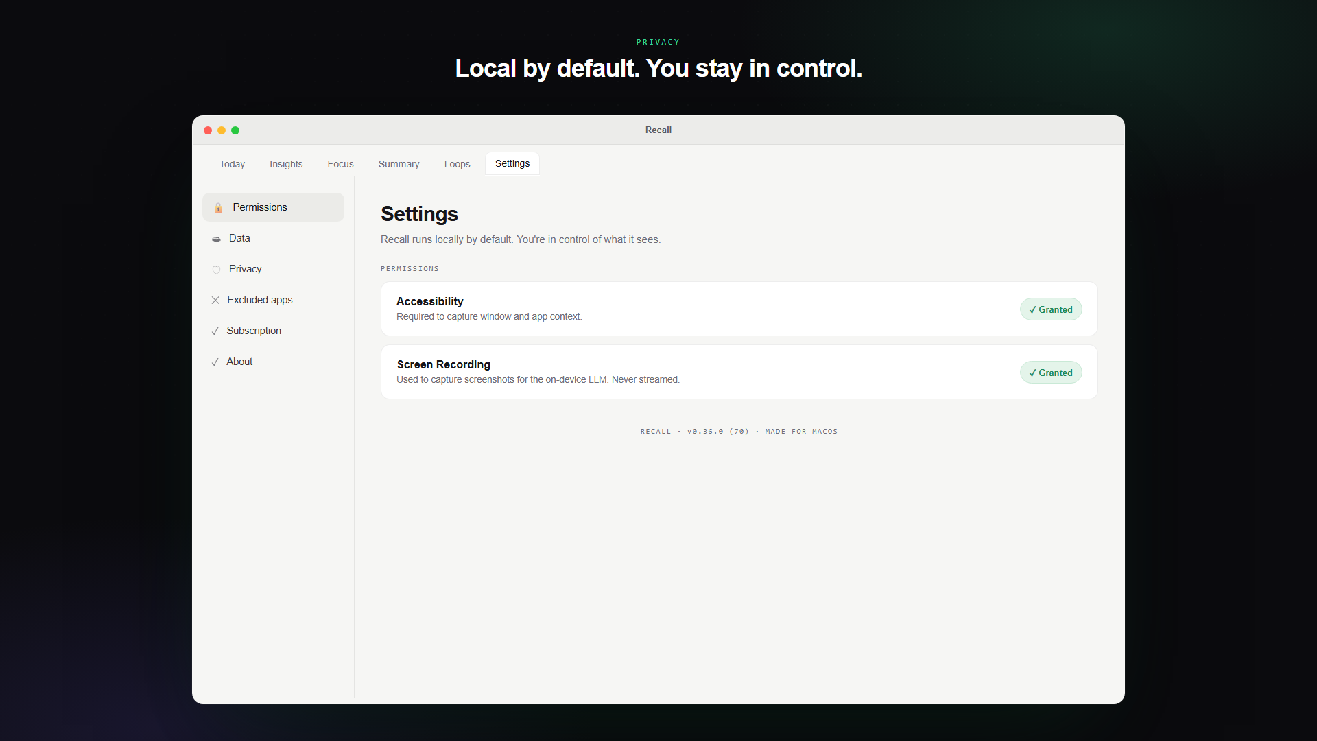 Recall Settings showing local-by-default permissions, Accessibility and Screen Recording, both granted thumbnail