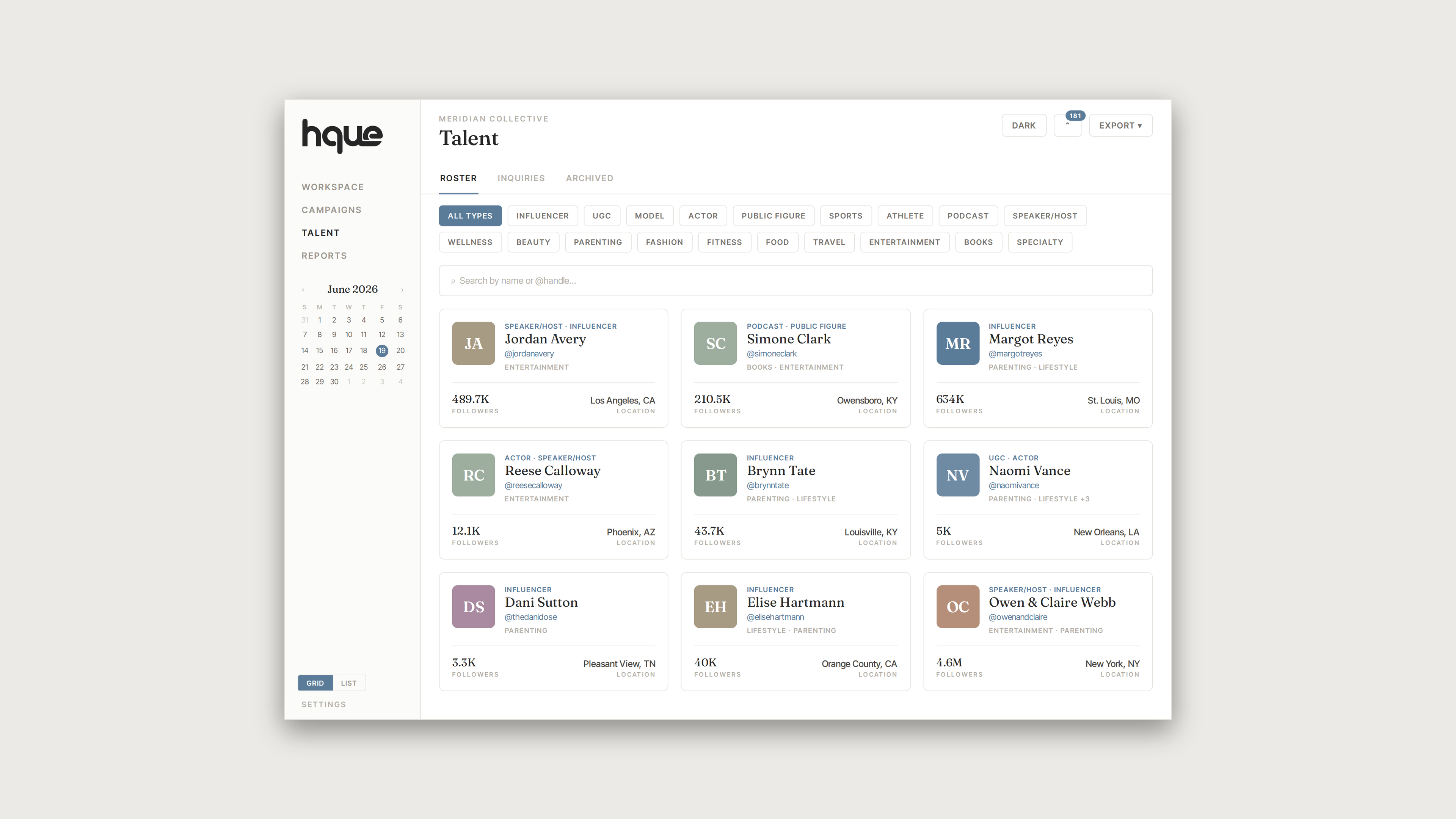 HQUE platform Talent roster showing talent profile cards with photos, categories, follower counts, and locations.