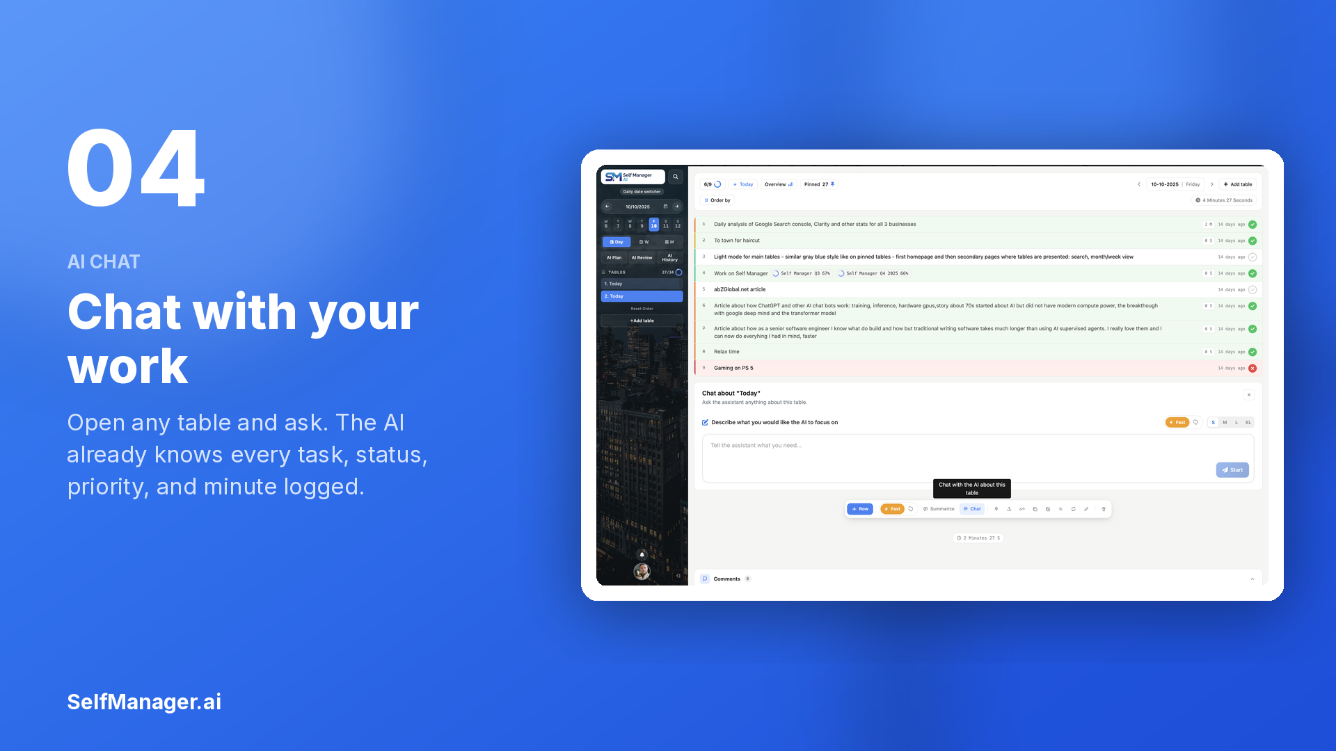 SelfManager.ai AI chat answering questions about a task table's status, priorities, and logged time. thumbnail