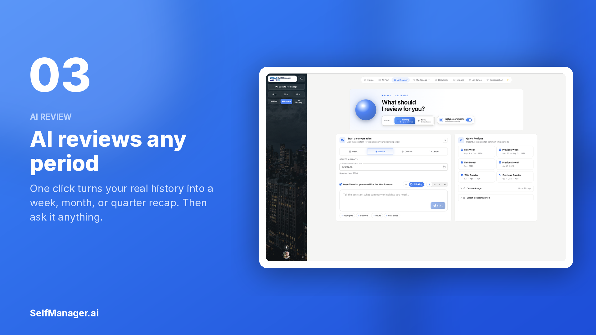 SelfManager.ai AI Review summarizing a week of tasks and time tracking into a recap. thumbnail