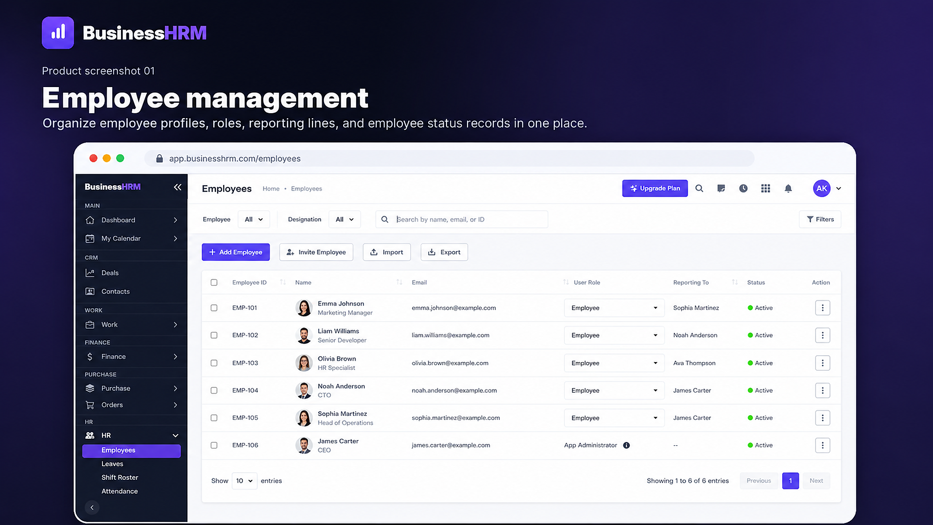BusinessHRM employee management dashboard showing employee profiles, roles, reporting lines, status records, and a searchable employee table in a modern HR software interface. thumbnail