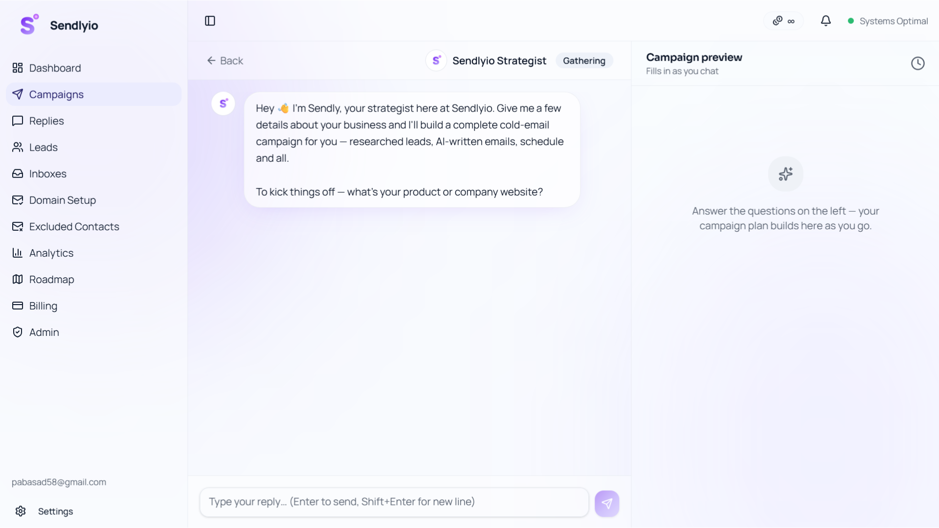 Sendlyio AI strategist chat building a cold email campaign — asking about your offer and drafting the sequence, with a live campaign preview.