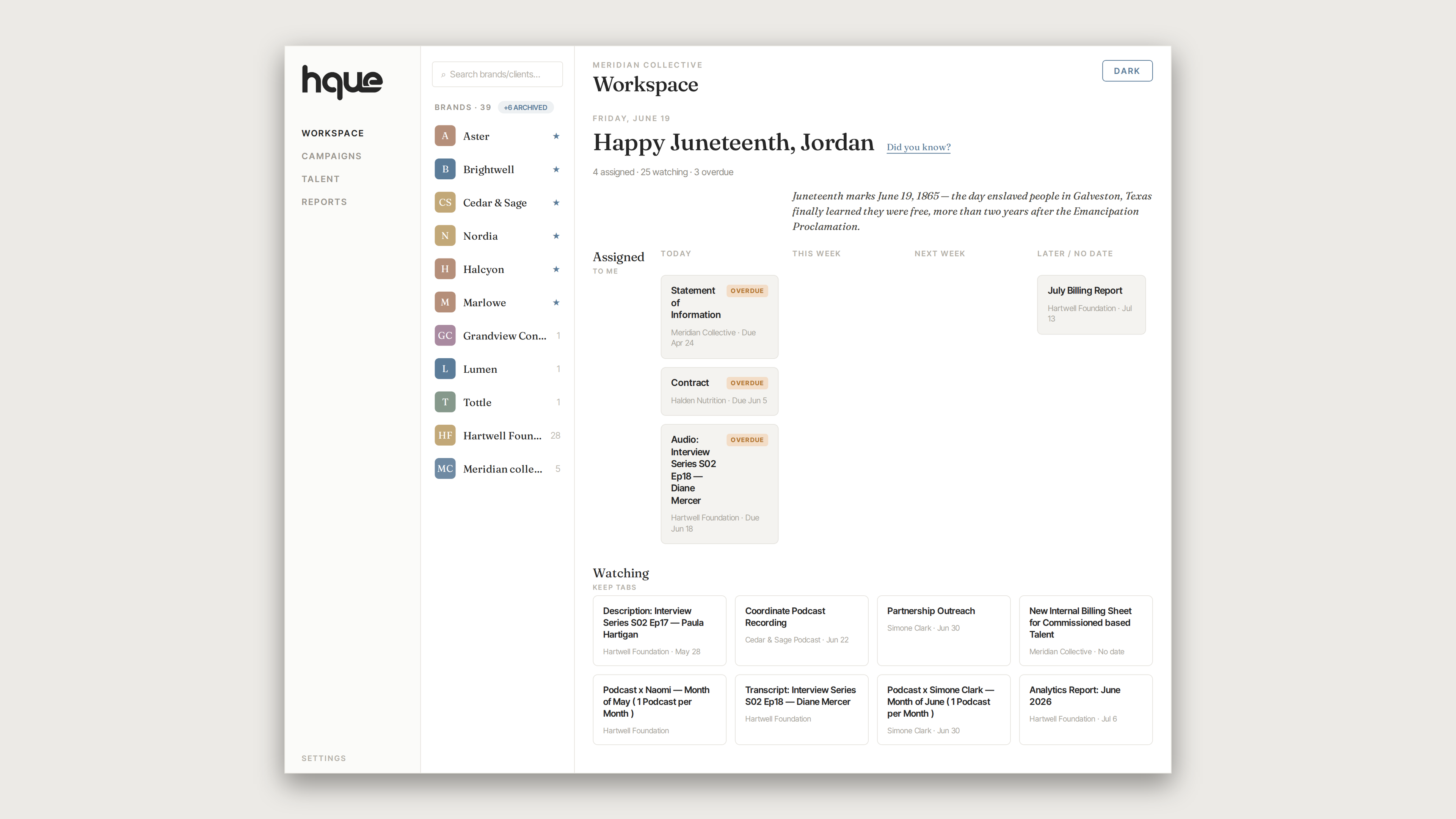 HQUE platform Workspace dashboard with client list, an assigned-task board, and a watching grid. thumbnail