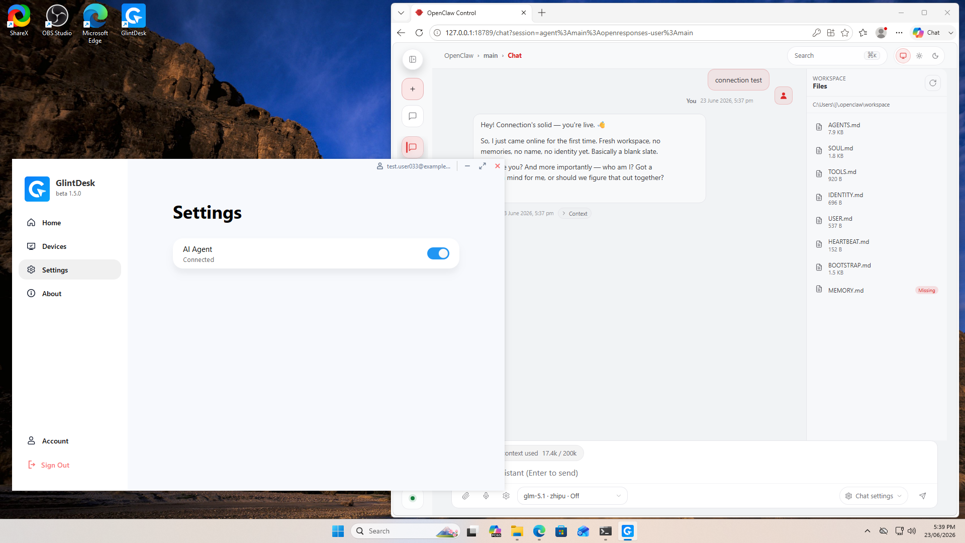 The PC client has an OpenClaw connect button thumbnail